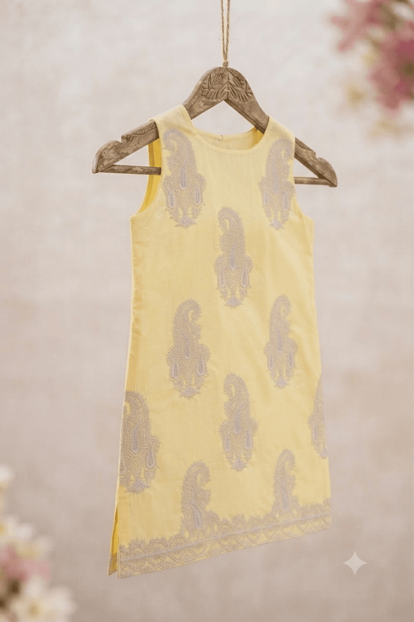 Sleeves Less Yellow Embroidered Shirt _ Stitched