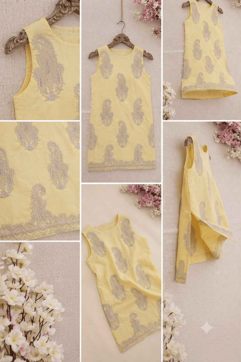 Sleeves Less Yellow Embroidered Shirt _ Stitched - Image 2
