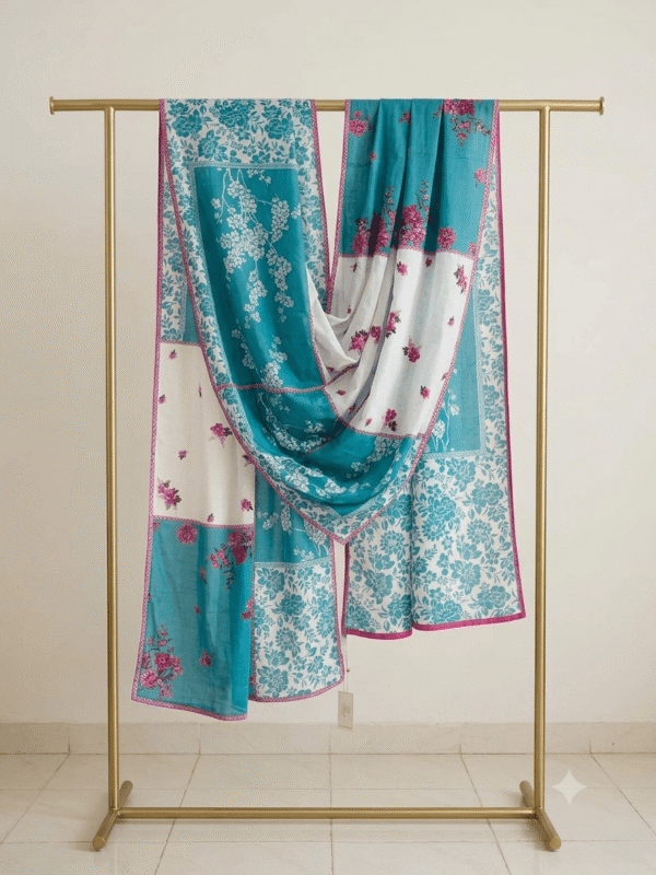 Light Blue & Pink Floral Printed Lawn Dupatta
