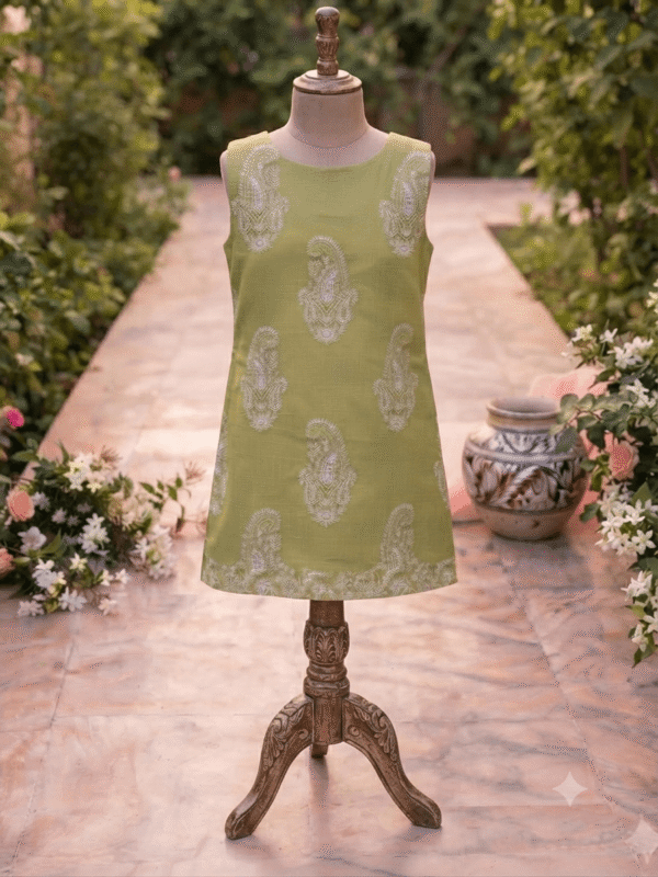 Sleeves Less Olive Green Embroidered Shirt _ Stitched