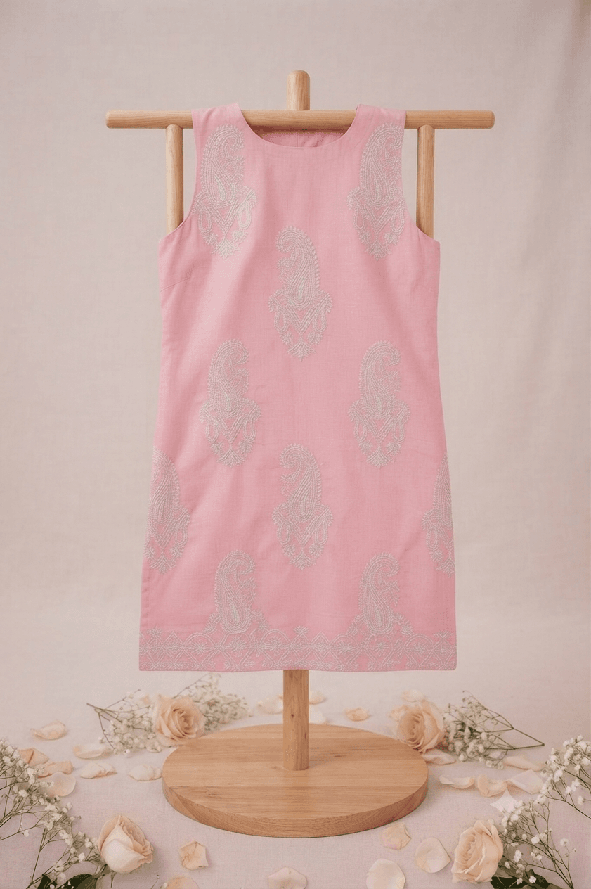 Sleeves Less Pink Embroidered Shirt _ Stitched
