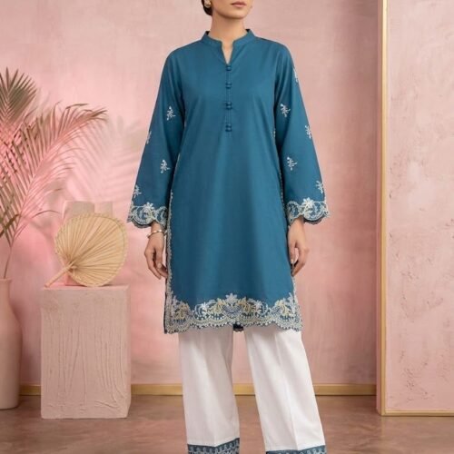 Teal Blue Lawn Embroidered Shirt with White Trouser – Stitched 2 Piece Suit