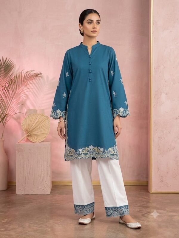 Teal Blue Lawn Embroidered Shirt with White Trouser – Stitched 2 Piece Suit