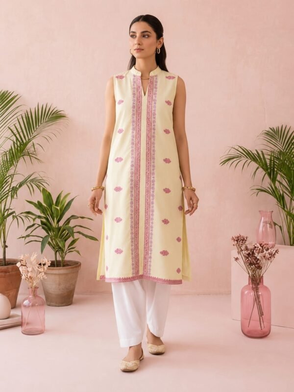 Sleeve Less Embroidered Light Yellow 2 Piece Suit - Stiched