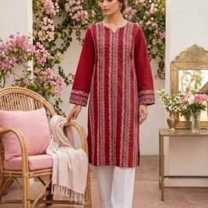 Lawn Red Embroidered 2 Piece Suit with White Trouser – Stitched