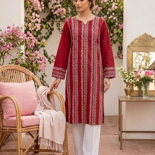 Lawn Red Embroidered 2 Piece Suit with White Trouser – Stitched