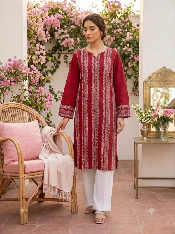 Lawn Red Embroidered 2 Piece Suit with White Trouser – Stitched