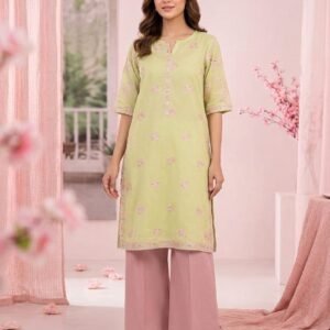 Premium Embroidered Light Yellow Shirt with Pink Trouser | Stitched