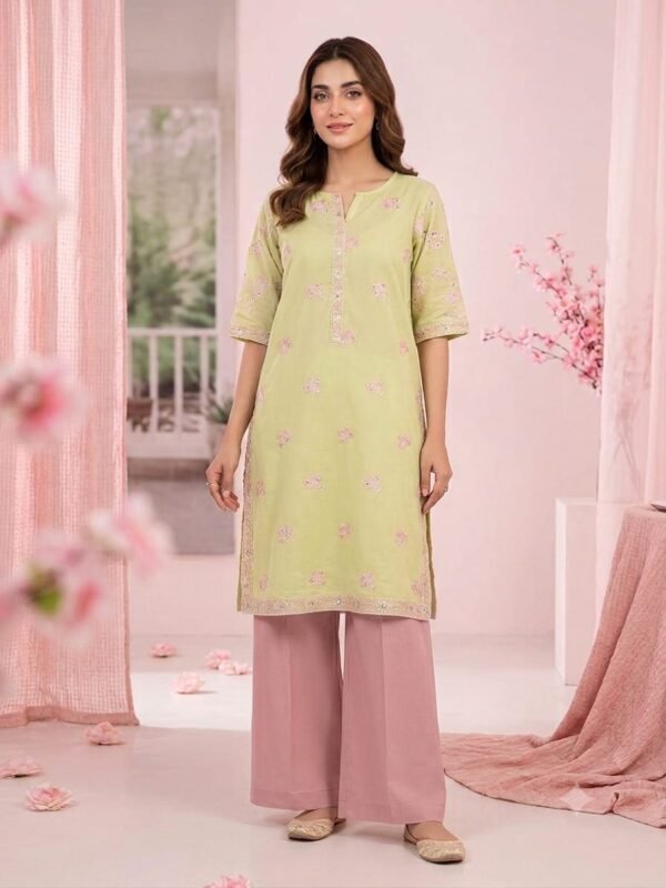 Premium Embroidered Light Yellow Shirt with Pink Trouser | Stitched