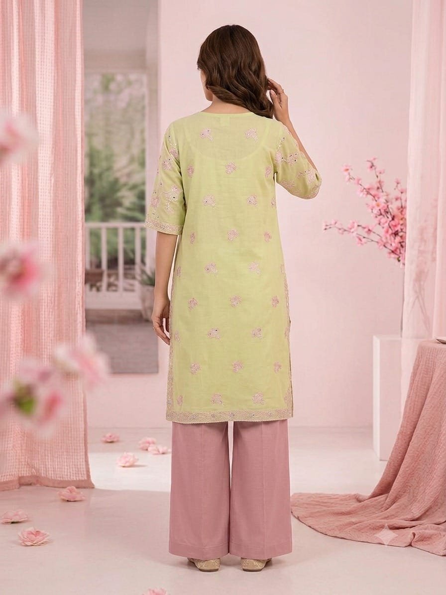 Premium Embroidered Light Yellow Shirt with Pink Trouser | Stitched - Image 4