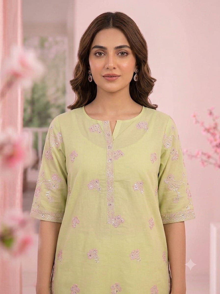 Premium Embroidered Light Yellow Shirt with Pink Trouser | Stitched - Image 2