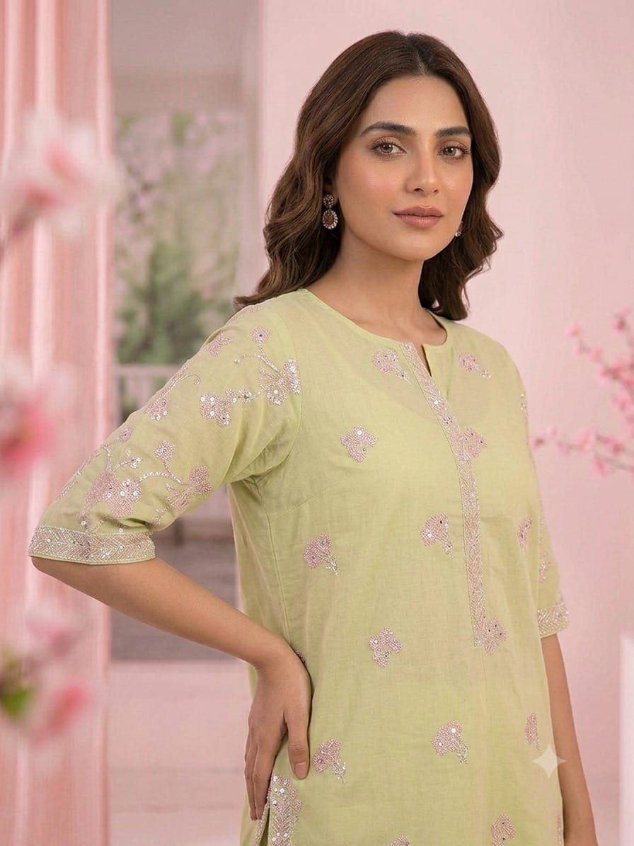 Premium Embroidered Light Yellow Shirt with Pink Trouser | Stitched - Image 3
