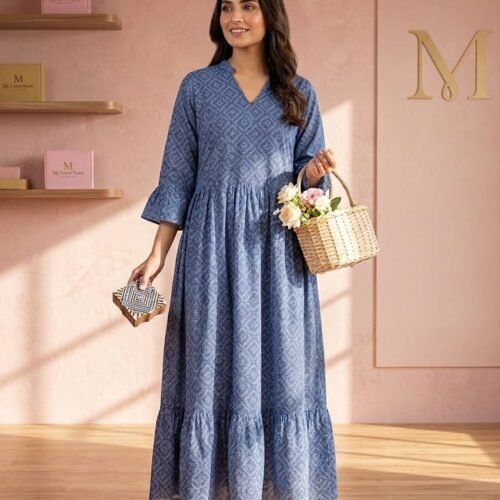Blue Printed Lawn Frock - Stiched