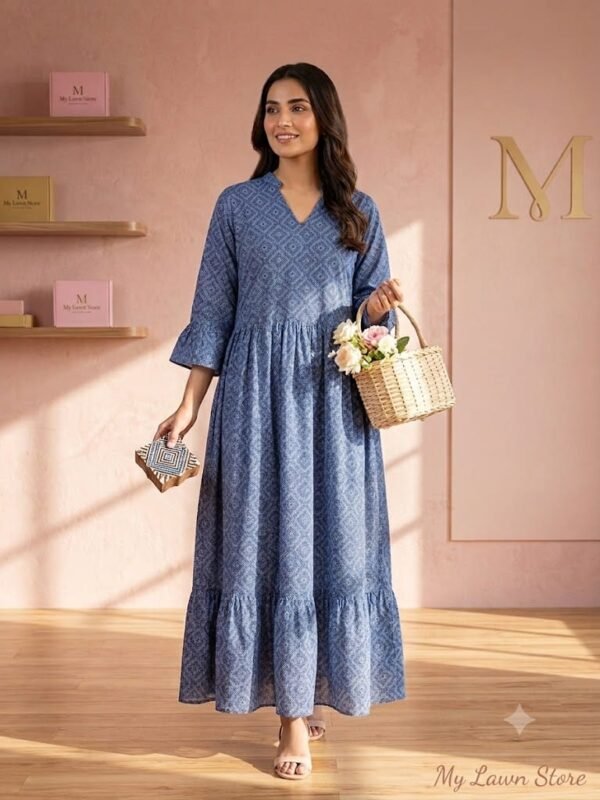 Blue Printed Lawn Frock - Stiched