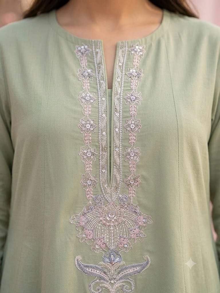 Sea Green Lawn Printed & Embroidered Stitched Frock - Image 2