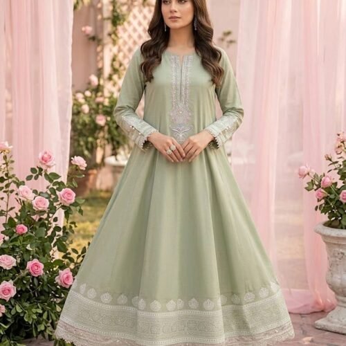 Sea Green Lawn Printed & Embroidered Stitched Frock