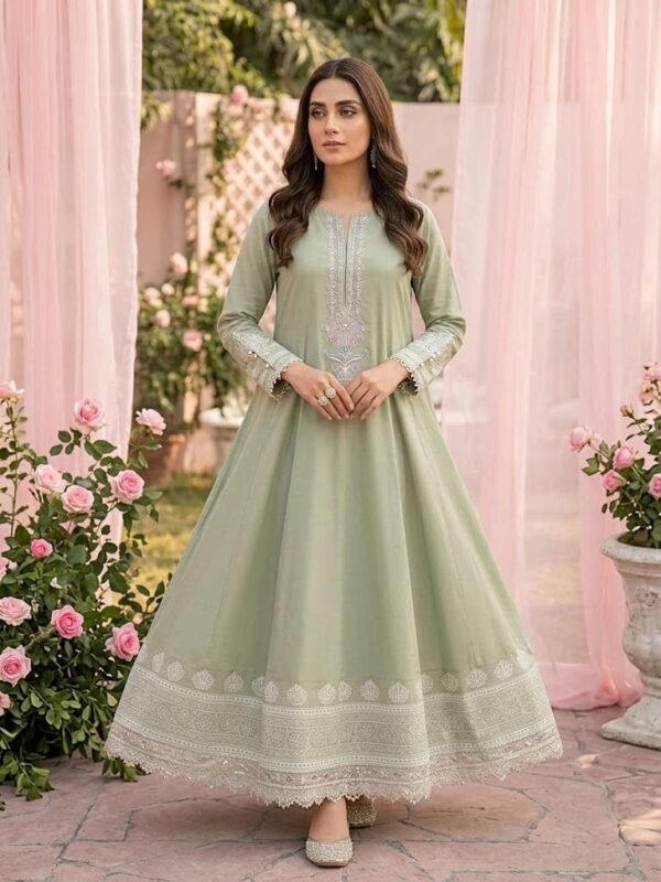 Sea Green Lawn Printed & Embroidered Stitched Frock