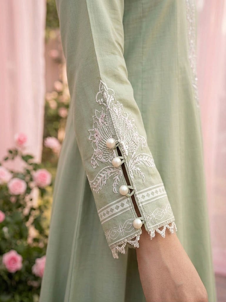 Sea Green Lawn Printed & Embroidered Stitched Frock - Image 3