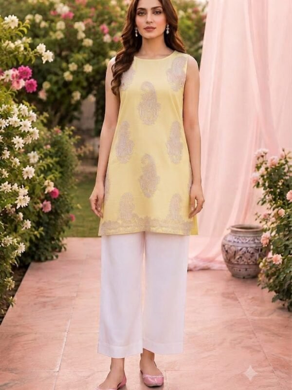 Sleeveless Yellow Embroidered Kurti with White Trouser- Stiched