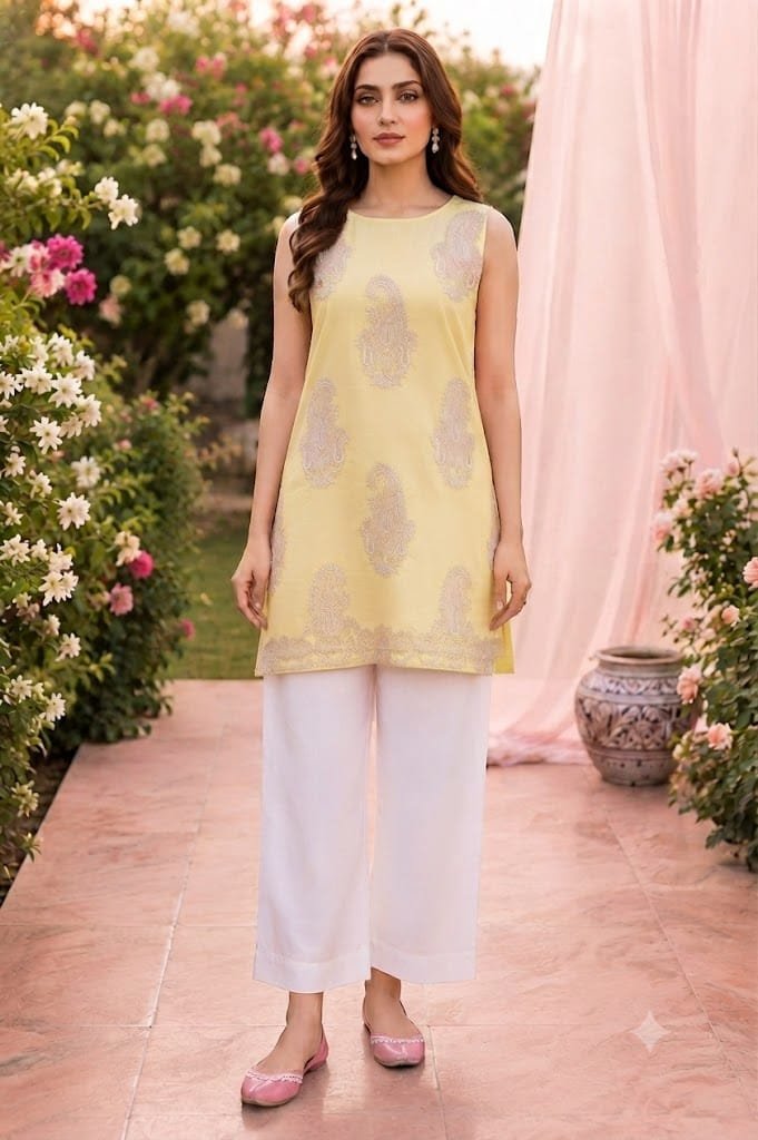 Sleeveless Yellow Embroidered Kurti with White Trouser- Stiched