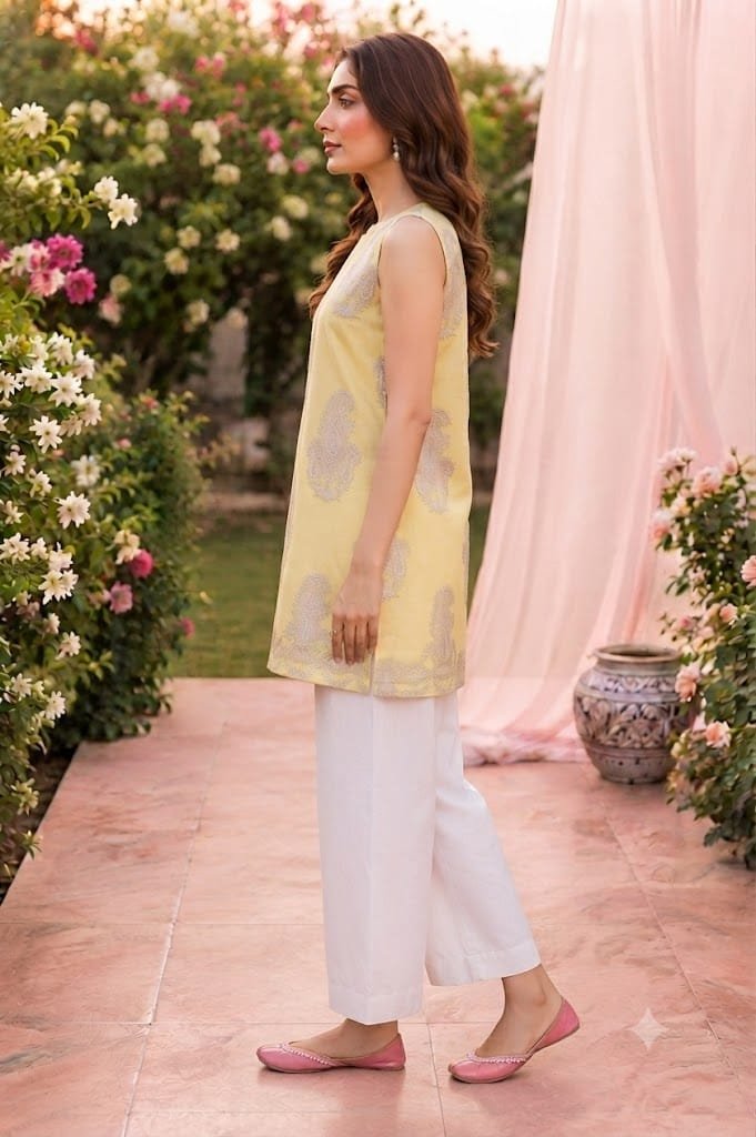 Sleeveless Yellow Embroidered Kurti with White Trouser- Stiched - Image 5