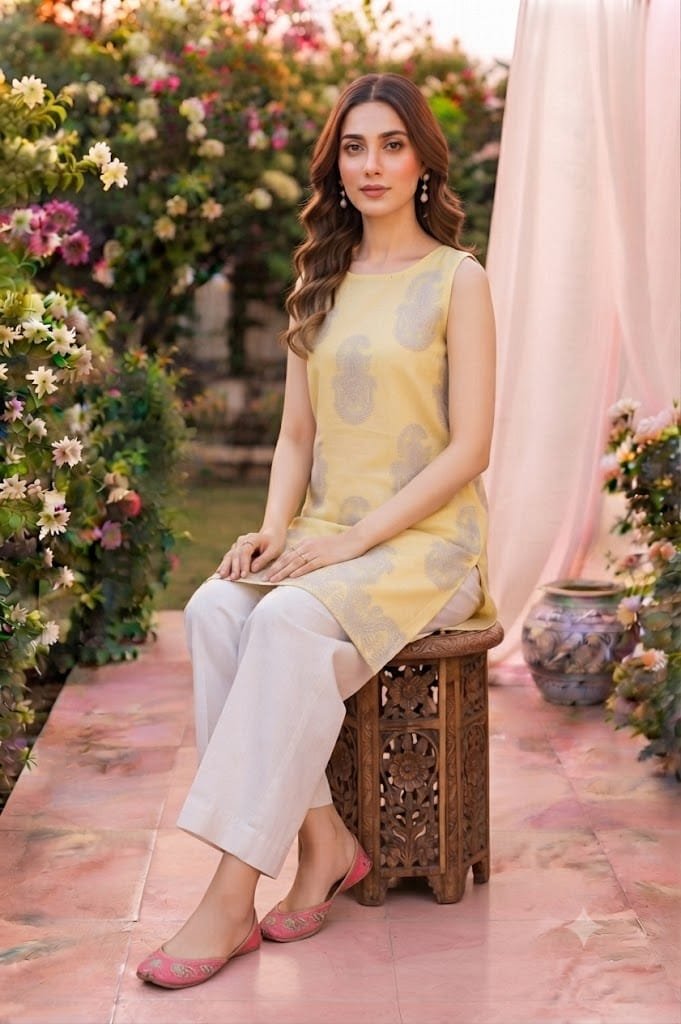 Sleeveless Yellow Embroidered Kurti with White Trouser- Stiched - Image 2