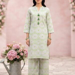 Printed green 2 Piece Suit With Tussels - Stitched