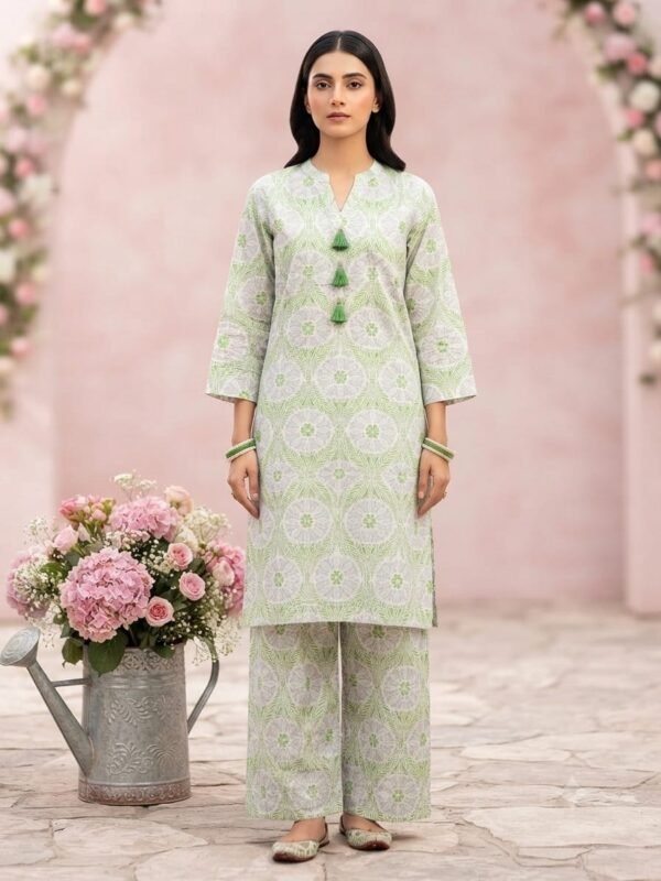 Printed green 2 Piece Suit With Tussels - Stitched