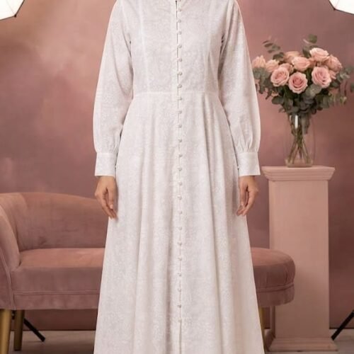 White Lawn Frock Printed _ Stitched
