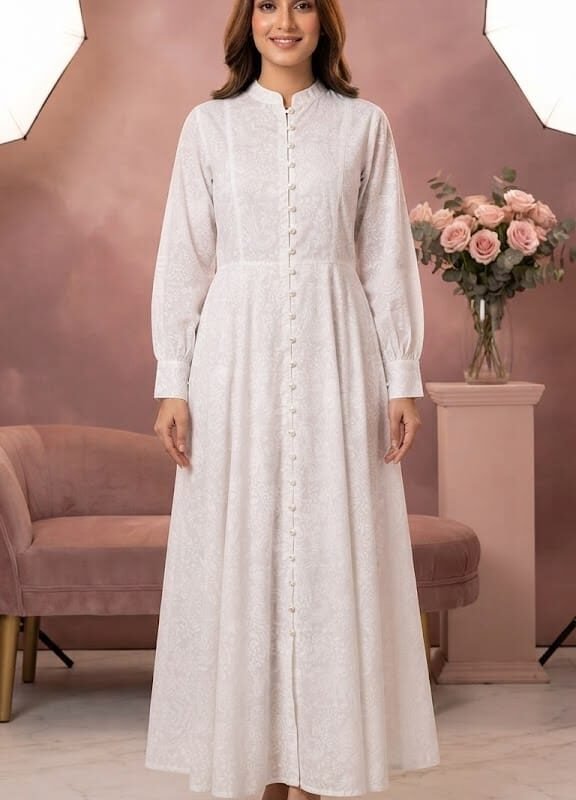 White Lawn Frock Printed _ Stitched