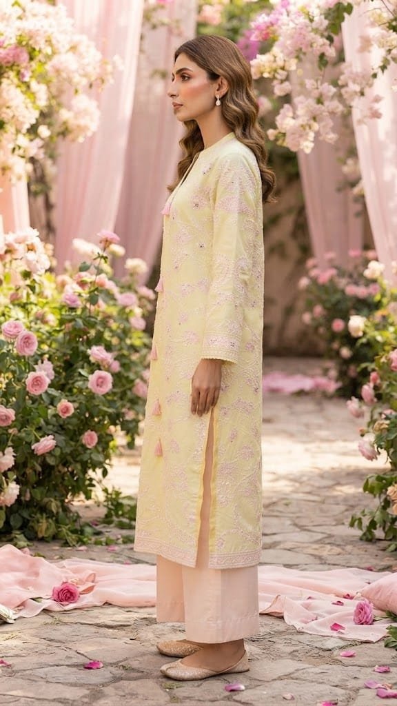 Embroidered Yellow Tussel Shirt with Pink Trouser – Stitched 2 Piece Suit - Image 3