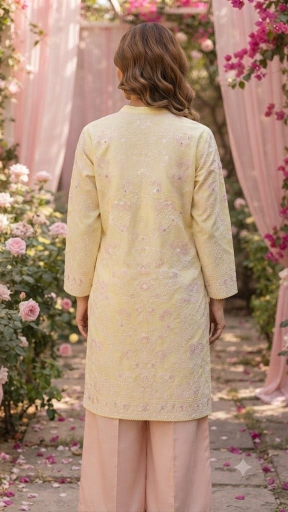Embroidered Yellow Tussel Shirt with Pink Trouser – Stitched 2 Piece Suit - Image 4