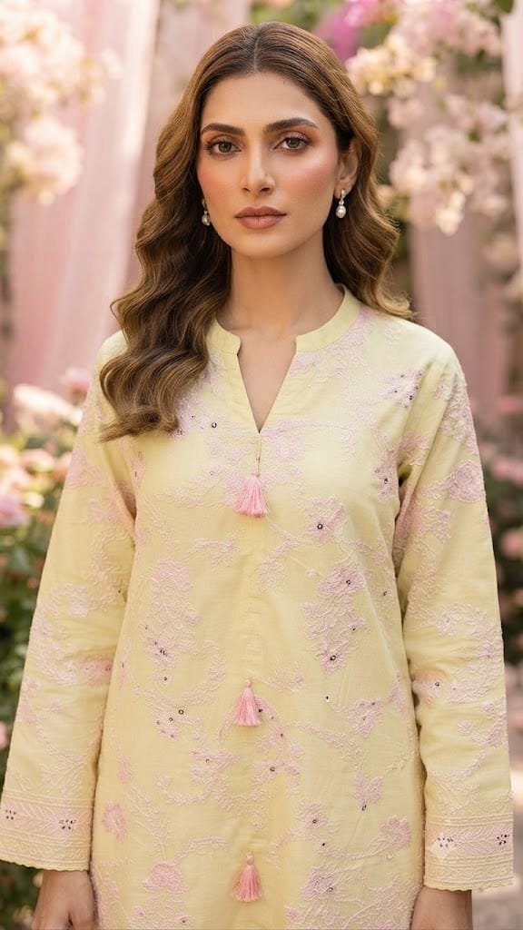 Embroidered Yellow Tussel Shirt with Pink Trouser – Stitched 2 Piece Suit - Image 2