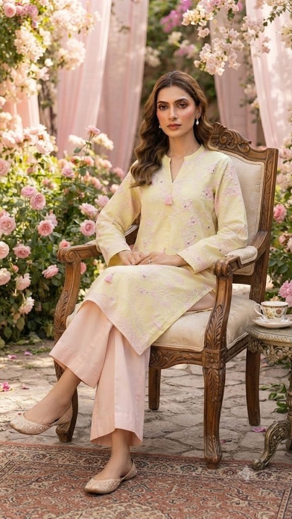 Embroidered Yellow Tussel Shirt with Pink Trouser – Stitched 2 Piece Suit - Image 5