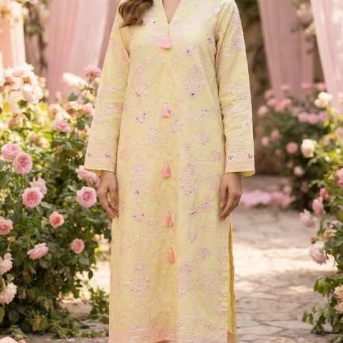 Embroidered Yellow Tussel Shirt with Pink Trouser – Stitched 2 Piece Suit