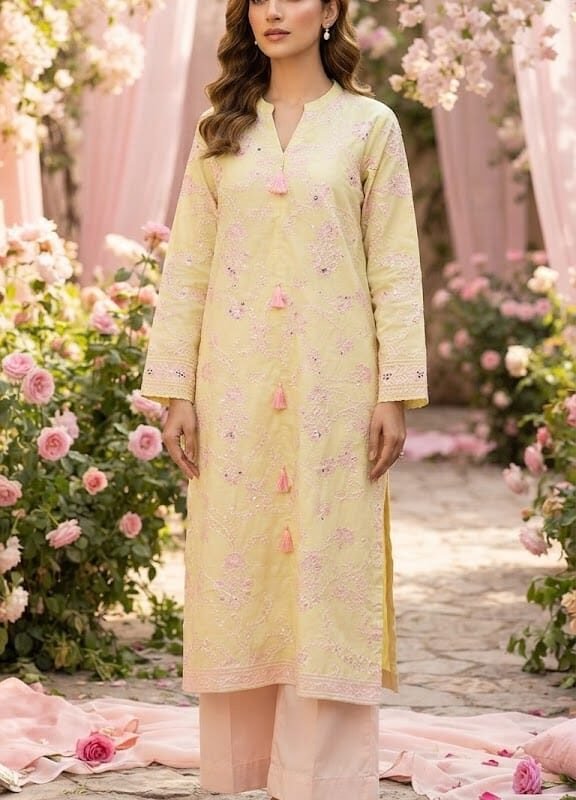 Embroidered Yellow Tussel Shirt with Pink Trouser – Stitched 2 Piece Suit