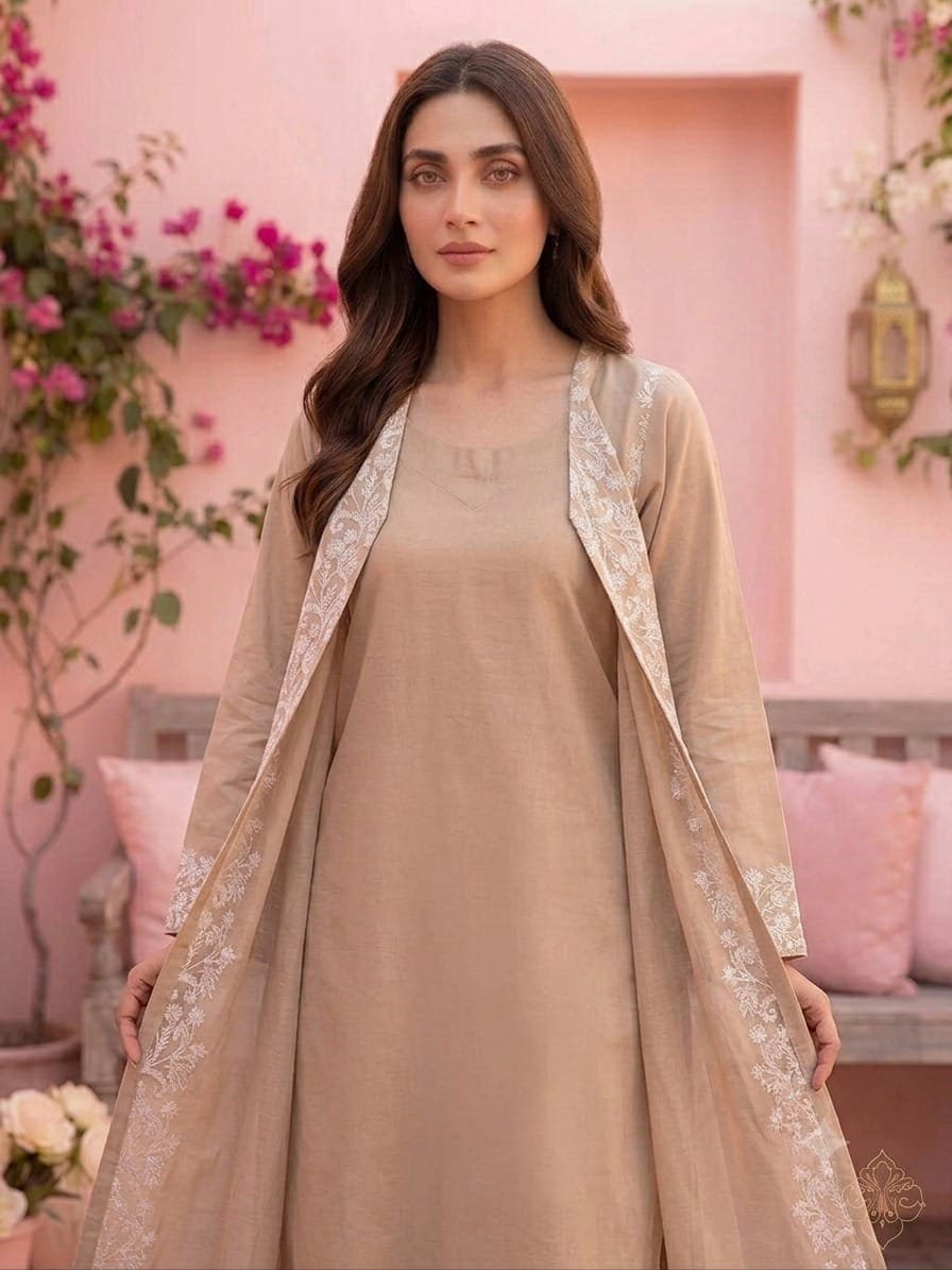 Lawn Shirt With Oraganza Overcoat – Tail back – Stiched – Light brown - Image 3