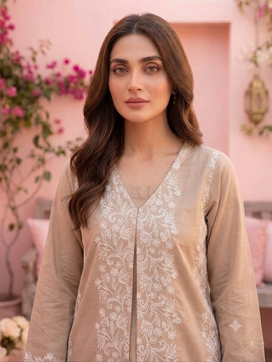 Lawn Shirt With Oraganza Overcoat – Tail back – Stiched – Light brown - Image 2