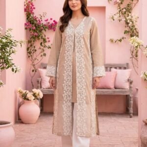 Lawn Shirt With Oraganza Overcoat – Tail back – Stiched – Light brown
