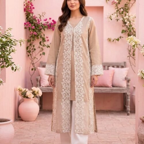 Lawn Shirt With Oraganza Overcoat – Tail back – Stiched – Light brown
