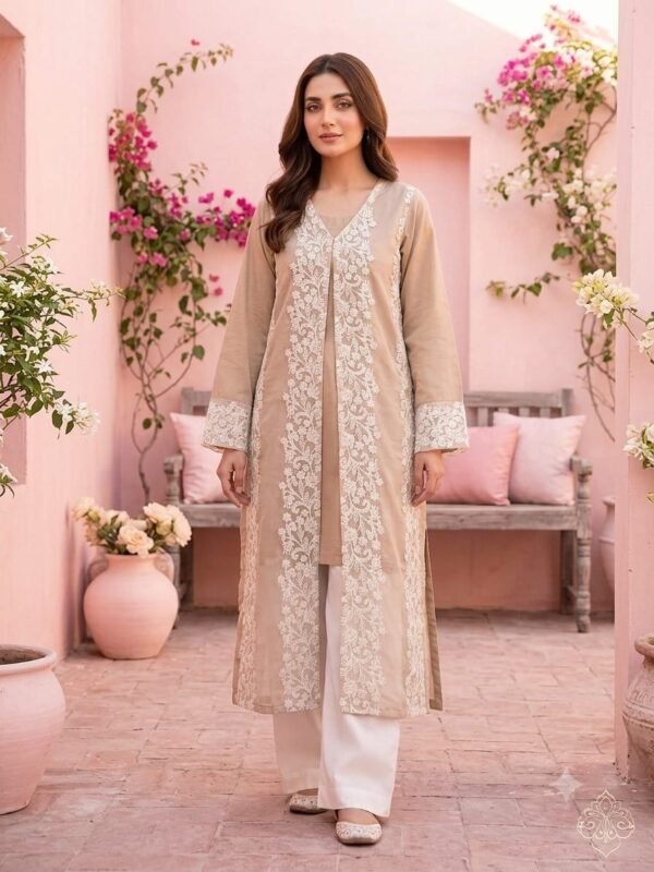 Lawn Shirt With Oraganza Overcoat – Tail back – Stiched – Light brown