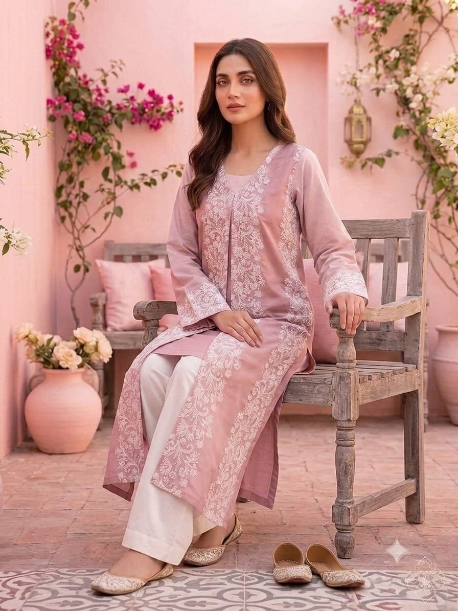 Pink Lawn Shirt With Oraganza Overcoat – Cambric Trouser – Stiched - Image 2