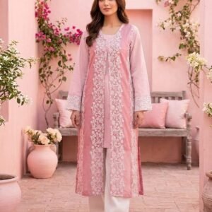 Pink Lawn Shirt With Oraganza Overcoat – Cambric Trouser – Stiched