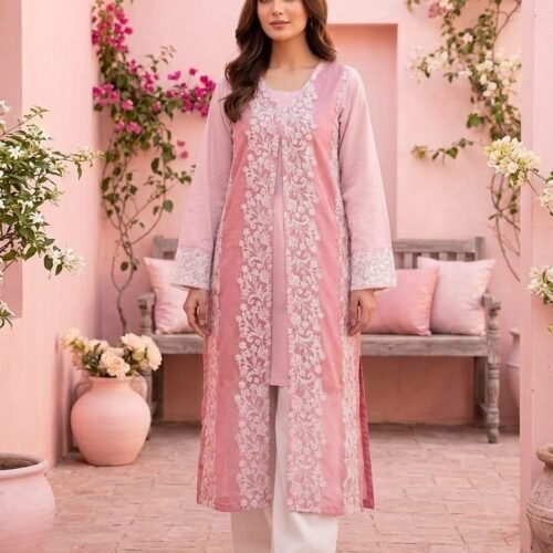 Pink Lawn Shirt With Oraganza Overcoat – Cambric Trouser – Stiched