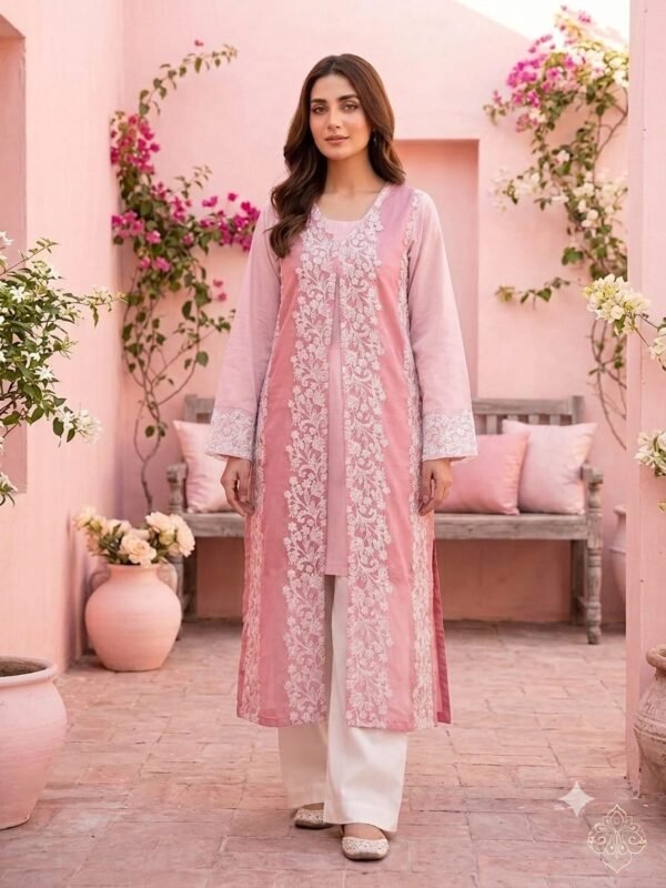Pink Lawn Shirt With Oraganza Overcoat – Cambric Trouser – Stiched