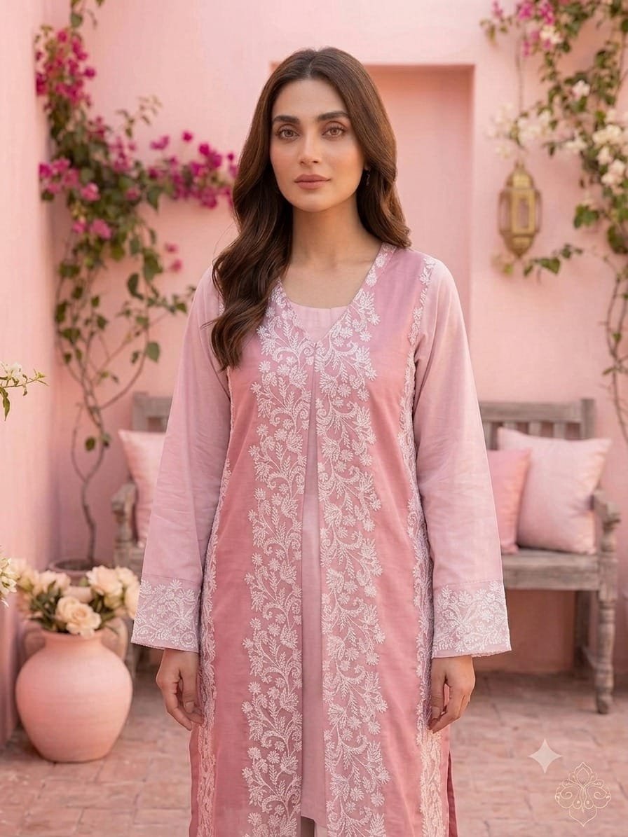 Pink Lawn Shirt With Oraganza Overcoat – Cambric Trouser – Stiched - Image 3