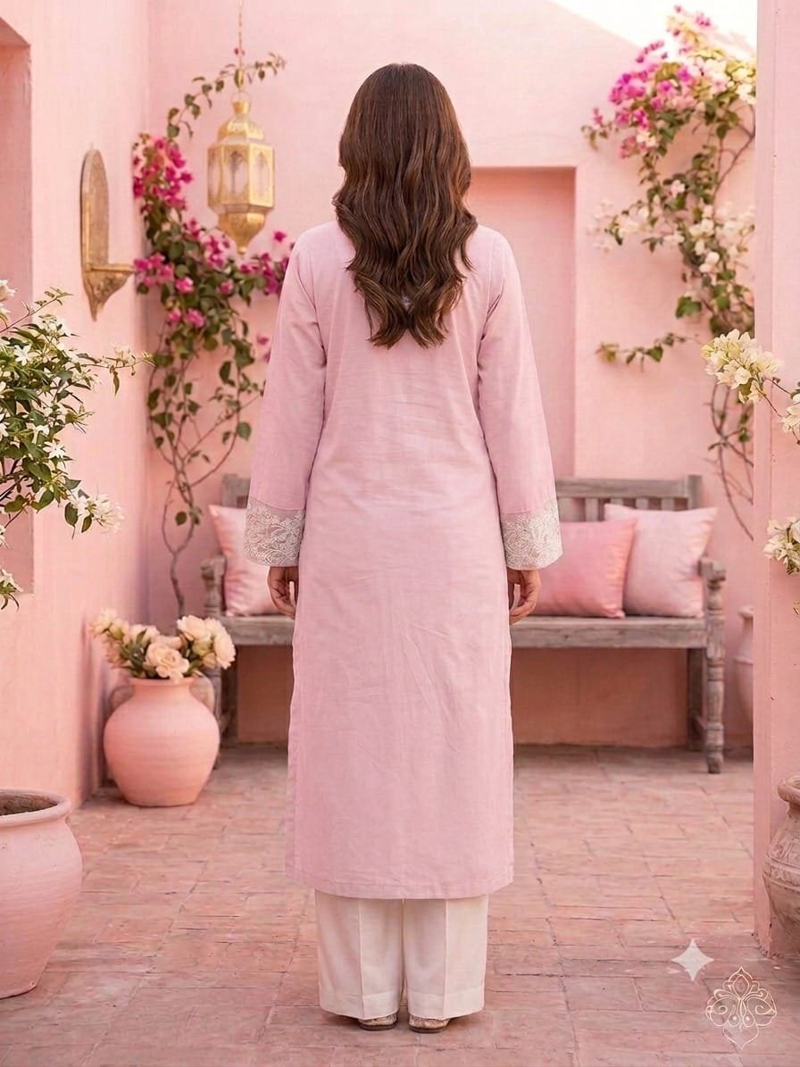 Pink Lawn Shirt With Oraganza Overcoat – Cambric Trouser – Stiched - Image 4