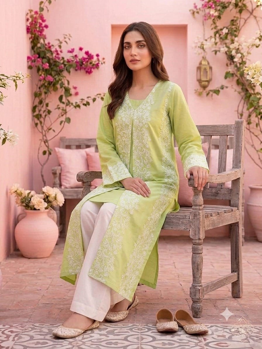 Lawn Shirt With Oraganza Overcoat – Tail back – Stiched – Lime Green - Image 2