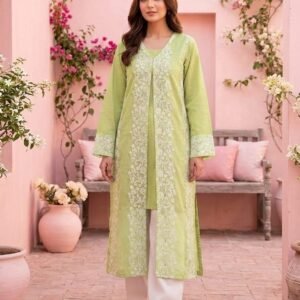Lawn Shirt With Oraganza Overcoat – Tail back – Stiched – Lime Green