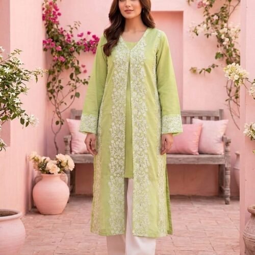 Lawn Shirt With Oraganza Overcoat – Tail back – Stiched – Lime Green